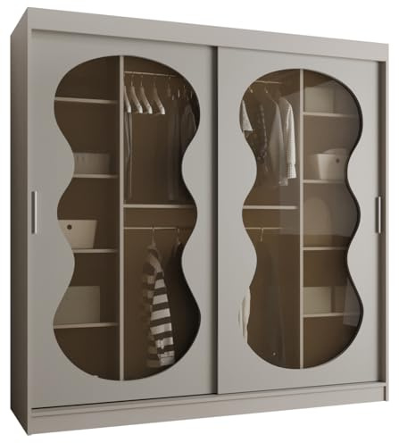 ABIKSMEBLE – Armoire de Chambre – LxHxP 200x200x62cm – Armoire avec Portes Coulissantes en Verre Fumé, 2 Tringles et Étagères – Style Boho, Scandinave - BAHRAJN 3 - Cachemire