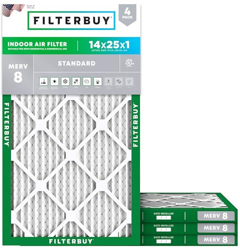 Filterbuy 14x25x1 Air Filter MERV 8 (MPR 700) Dust Defense Replacement (4-Pack), Electrostatic Pleated HVAC AC Furnace Filters, Made in USA (Actual Size: 13.50 x 24.50 x 0.75)