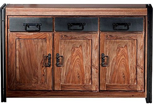SIT-Möbel 9203-01 Sideboard Panama Shesham Natur mit schwerem Altmetall und Gebrauchsspuren, 140 x 40 x 90 cm, 3 Türen, 3 Schubläden