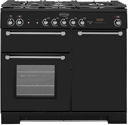 Rangemaster Kitchener KCH100DFFBL/C 100cm wide Dual Fuel Range Cooker with Gas Hob - Black/Chrome - A/A Rated