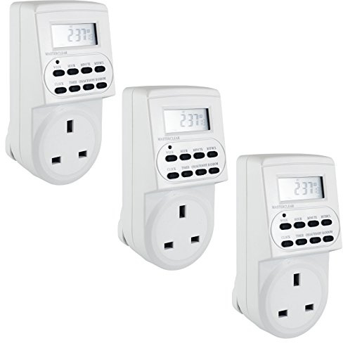 MASS DYNAMIC Digital Timer Plug Switch 12 / 24 Hour 7 Day Socket Programmable Mains LCD Display UK 3 Pin Wall Plug In Electronic AM / PM 12hr / 24hr Time Clock Energy Saver Power Controller Home Security (3 Pack)