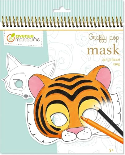 Avenue Mandarine GY023O - Malbuch Graffy pop mit vorgestanzten Masken zum Ausmalen, 250g Zeichenpapier gedruckt, 24 Blatt, 12 verschiedene Motive x 2, geeignet für Kinder ab 5 Jahren, Tiere, 1 Stück