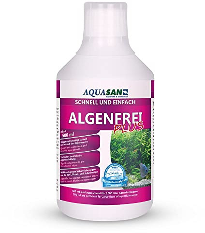 AQUASAN Aquarium Algenfrei Plus (Aquarium Algenvernichter, Algenentferner - Gegen nahezu alle Algen - Bartalgen, Pinselalgen, Schmieralgen), Inhalt:0.5 Liter