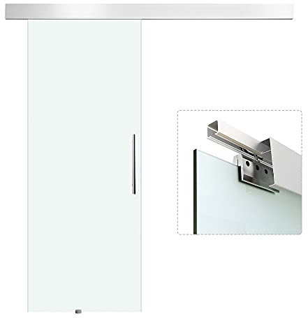 HOMCOM Puerta Corredera 90x205 cm Puerta Corrediza de Cristal con Riel Silenciosa para Sala de Estar Comedor Translúcido