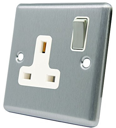 AET CSC1GSOCWS Satin Chrome Classical 1 Gang White Insert Metal Rocker Switch-13 Amp Single Plug Socket, 240 V
