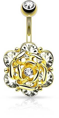 Paula & Fritz® Bauch-nabelpiercing Chirurgenstahl Rose Blume Anhänger Zirkonia Gold Banane Bauch-Piercing Bananabell Nabel-Piercing
