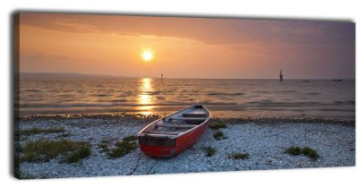 wandmotiv24 Leinwandbild Panorama Nr. 118 Meer mit Boot 100x40cm, Keilrahmenbild, Bild auf Leinwand, Abendrot Strand Sonne