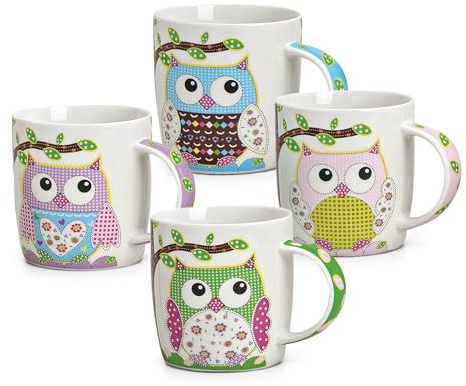 Tassen 4er Set in blau grün rosa lila mit Eulen - Moderne Porzellan Kaffeebecher in 300ml für Cappuccino Kaffee Tee - Außergewöhnliche Kaffeetassen spülmaschinenfest und mikrowellengeeignet