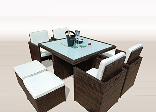 Ragnarök-Möbeldesign PolyRattan - DEUTSCHE Marke - EIGNENE Produktion - 8 Jahre GARANTIE auf UV-Beständigkeit Gartenmöbel Essgruppe Tisch + 4 Stühle & 4 Hocker 12 Polster