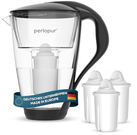 perlopur® Glas-Wasserfilter (schwarz) +3 Filterkartuschen Universal | Borosilikatglas, 2 l gesamt, 1 l gefiltert, LED-Anzeige, für classic Kartuschen, reduziert Kalk, Chlor & andere Schadstoffe