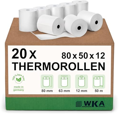 WKA Thermorollen, 80 mm x 50 m x 12 mm, Ø 12 mm, 20 Rollen | Bonrollen, Kassenrollen, Thermo-Bonrollen