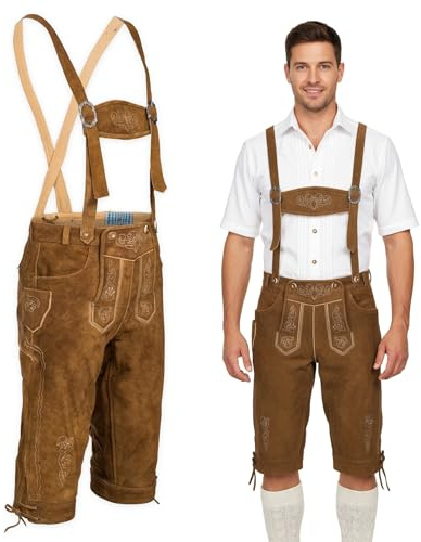 Spirit of Bavaria Lederhose Herren I 100% Echtleder I Trachtenhose mit Trägern I Ideal für Dein Oktoberfest Outfit I Traditionelle Trachtenlederhose für Herren I Lederhosen I Braun I Gr. 52 I BR3