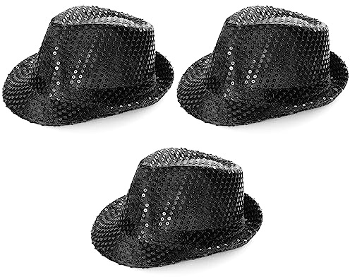 TRILBY HAT svart paljett FEDORA HAT GANGSTER FANCY klänning dans visa unika accessoarer män eller damer - (tillbaka - paket med 3)