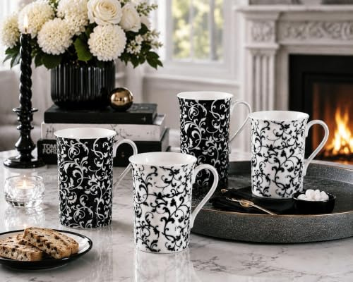 fromeuropewithlove Venetian Mugs Set of 4 Fine Bone China Black & White Swirl & Leaves Cups Hand Decorated in the UK