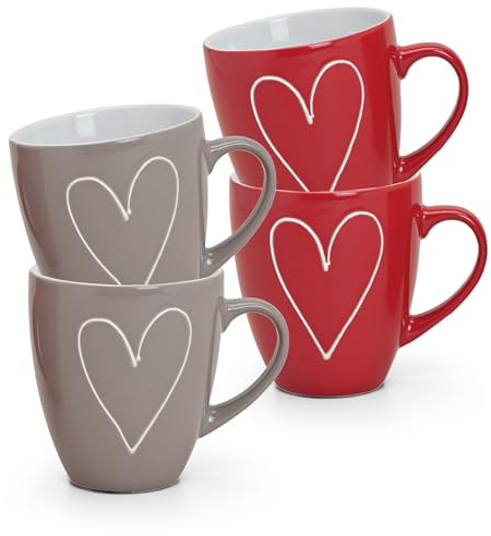 XXL Tassen 4er Set Motiv Herz in rot grau - Große Keramik Kaffeetassen in 400ml für Tee KaffeeCappuccino - Jumbo Kaffeebecher spülmaschinenfest und mikrowellengeeignet als Geschenk