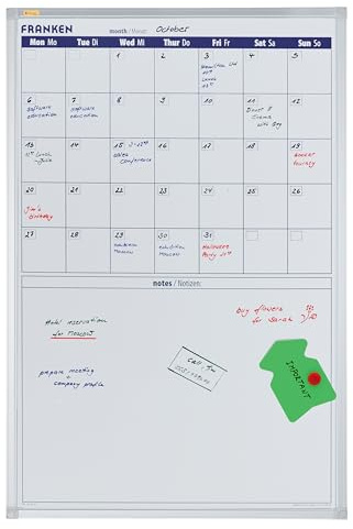 FRANKEN X-tra!Line Monatskalender mit Notizfeld, lackiert, magnetisch, beschreibbar, trocken abwischbar, mit Aluminiumrahmen, Magnettafel zur Wandbefestigung, 60 x 90 cm, VO-18