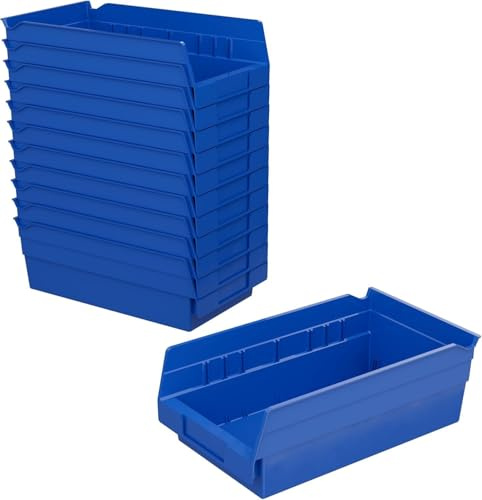 Akro-Mils 30130 Plastic Shelf Bins, Heavy Duty Storage Bins for Garage, Closet, and Drawer Organization, 12 x 6-1/2 x 4, Blue, 12-Pack