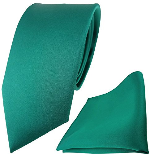 TigerTie Modische Satin Seidenkrawatte + Seideneinstecktuch in grün einfarbig Uni