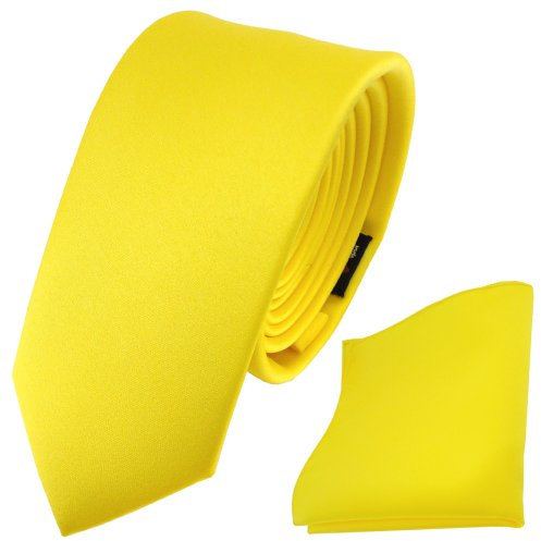 TigerTie - schmale Satin Krawatte + Einstecktuch in gelb leuchtgelb knallgelb Uni - Schlips Binder