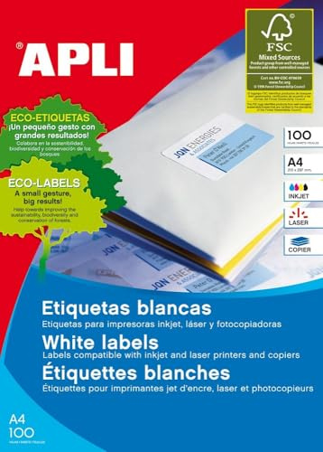 APLI 1243 - Etiquetas blancas imprimibles (210mm x 148mm), adhesivo permanente, pack de 200 hojas, A5