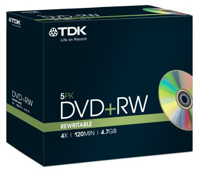TDK T18444 4.7GB 4x Speed 120min DVD+RW Disc in Jewel Case (Pack of 5)