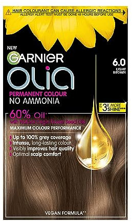 Garnier Olia Permanent Hair Dye, No Ammonia, Full Grey Coverage, Long-lasting Colour & Shine, Vegan Formula, Colour: 6.0 Light Brown, 230g