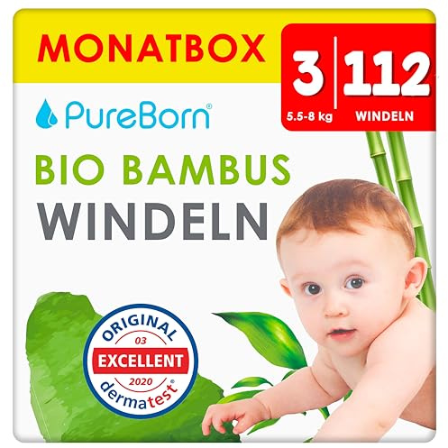 PureBorn 112 Couches Taille 3 (5-8 kg), Ultra-Absorbantes, Hypoallergéniques, Couches douces pour Bébé 4-7 mois, Testées Dermatologiquement, Anti-fuites, Écologiques en Bambou Naturel