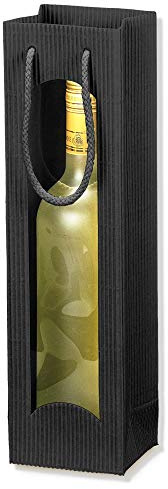 20 x 1er Flaschen-Tragekarton, Flaschentragetasche, Weinverpackung, Weintragetasche mit Sichtfenster, offene Welle, 10 x 8,5 x 36 cm, Schwarz