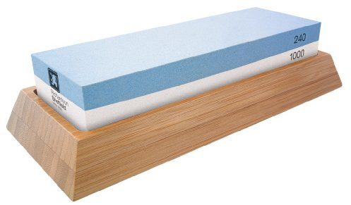 RICHARDSON SHEFFIELD Japanischer Wasserstein, Nass-Schleifstein, Körnung 240 (grob)/ 1000 (fein), Abziehstein, Messerschärfer mit Bambus, Korund, Blau/Weiß, Messerschärfer Profi