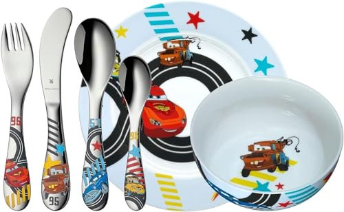 WMF Disney Cars - Vajilla para niños 6 piezas, incluye plato, cuenco y cubertería (tenedor, cuchillo de mesa, cuchara y cuchara pequeña) (WMF Kids infantil)