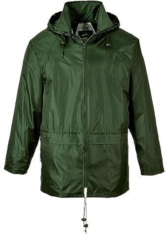 Portwest S440 Klassisk Regnjacka Med Huva Tejpade Sömmar Vattentät Lättvikt | Olivgrön, XL, EN 343 Klass 3:1, UPF 40+, Rymlig Passform, Lång Ärm, 6 Fickor, 2 Midjefickor, Enkelt Väv, 2 Stora Bakfickor