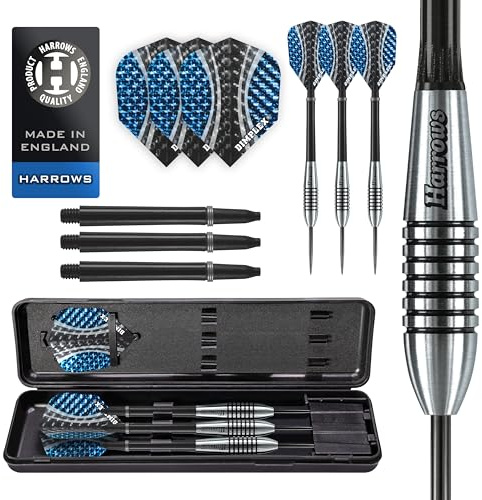 Harrows Bomber 85% Tungsten Darts | Steel Tip Darts set with carry case | 21g, 23g, 25g & 27g | Includes Black Nylon Shafts & 100 Micron Dimplex Flights