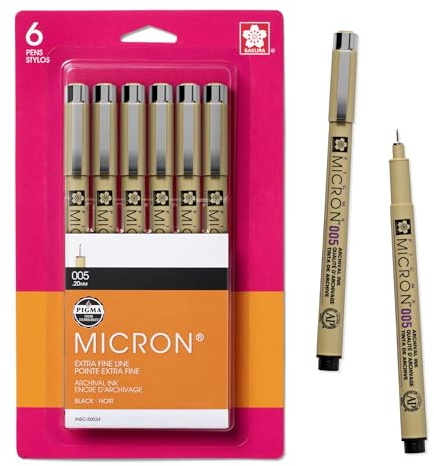 SAKURA Pigma Micron Fineliner Pens, 005 Tip Size, Archival Black Ink, 6PK 50034
