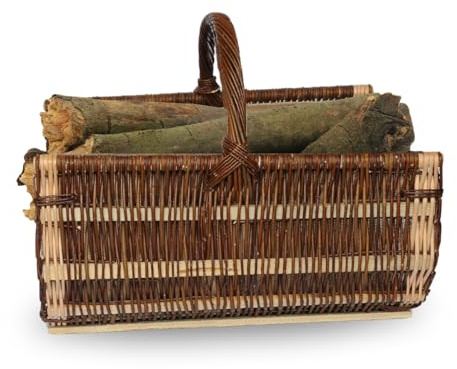 Handgefertigter Kaminholzkorb aus dunkler, ungesättigter Weide mit Juteeinsatz – Ovaler Brennholzkorb für optimale Luftzirkulation und Stabilität, (L) 50 cm x (B) 34 cm x (H) 28/45 cm