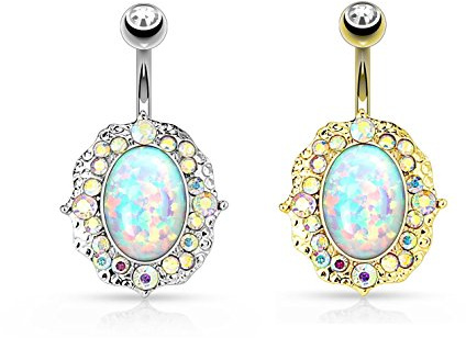 Paula & Fritz® Bauch-nabelpiercing Chirurgenstahl Gold Silber Set Barock Banane Bauch-Piercing Bananabell Nabel-Piercing Synth Opal 10-mm Stab-länge