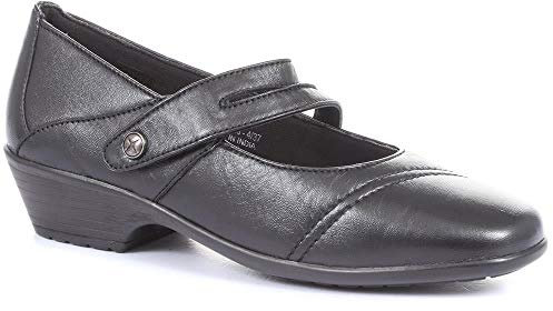 Pavers Ladies Wide Fit Leather Mary-Jane Shoes in Black - Unique Split Strap - Elegant Work or Play Footwear - Reliable & Stylish - Size UK 6 / EU 39