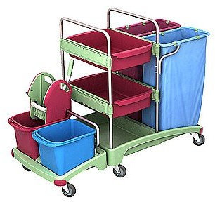 Splast Putzwagen mit 2 x 120l Müllsackhaltern, Moppresse und Ablagefächern