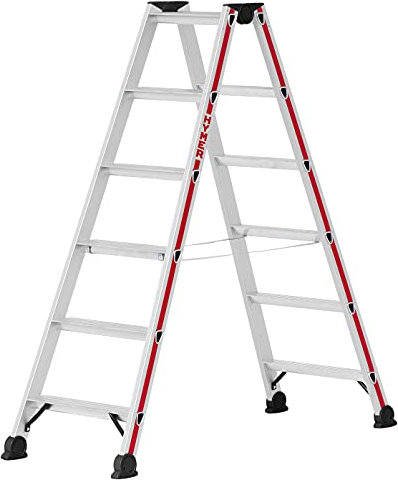 Hymer Stufenstehleiter 2x6 Stufen (Trittleiter beidseitig begehbar, eloxierte Holme, Stahl Scharniere) 402412