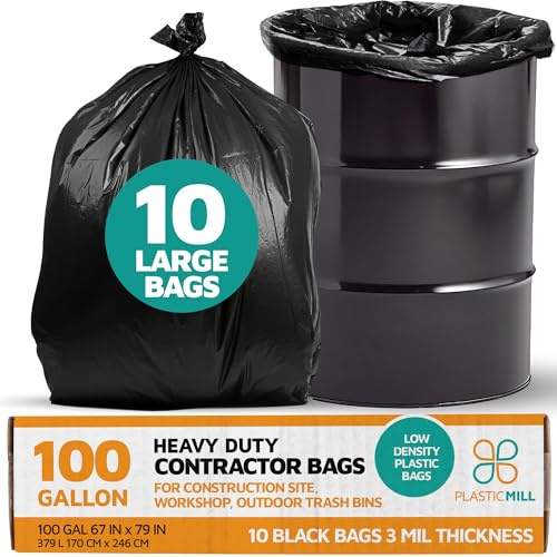PlasticMill Contractor Bags Heavy Duty - Commercial, Industrial Garbage Bags - Black Construction Trash Bags - Outdoor, Garden Trash Bags, 100-Gallon, 3 Mil, 67x79 (10-Count)
