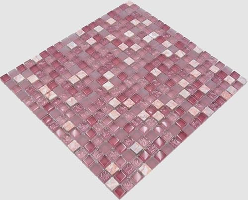 Mosaik Quadrat Crystal/Stein mix rosa Glas Naturstein Fliesenspiegel, Mosaikstein Format: 15x15x8 mm, Mattengröße: 322x305 mm, 1 Matte