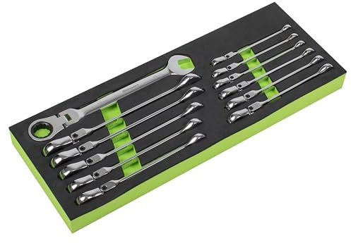 Sealey S0635 Metric Flexible Head Ratchet Combination Spanner Set, 12 Pieces, Silver