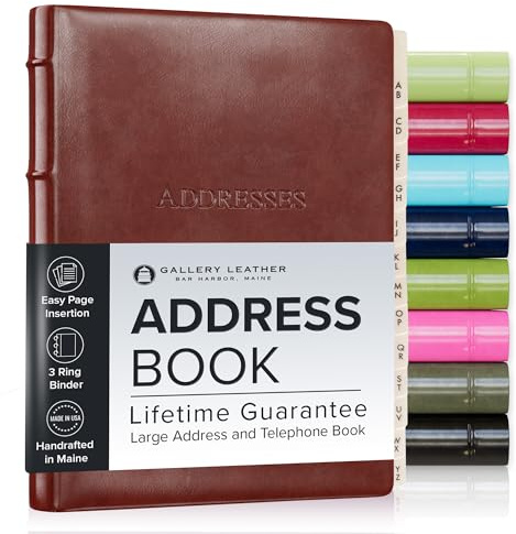 Gallery Leather Großes Adressbuch mit alphabetischen Registerkarten für bis zu 480 Datensätze, Leder-Notizbuch, Hardcover, Telefon- und Adressbücher – 22,9 x 17,8 cm, Schreibtischadresse, Acadia Tan