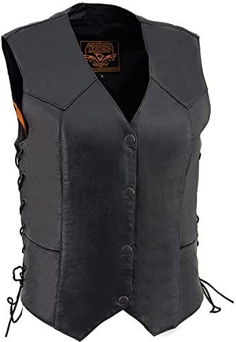 Milwaukee Leather SH1227L Damen-Western-Motorradfahrerweste aus schwarzem Leder, seitliche Schnürsenkel, mit 4-Druckknöpfen – Größe M