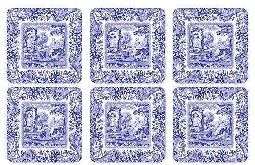 Portmeirion Home & Gifts Blue Italian Lot de 6 Dessous de Verre avec Revers en liège 10,5 x 10,5 cm en Panneau MDF Bleu/Blanc