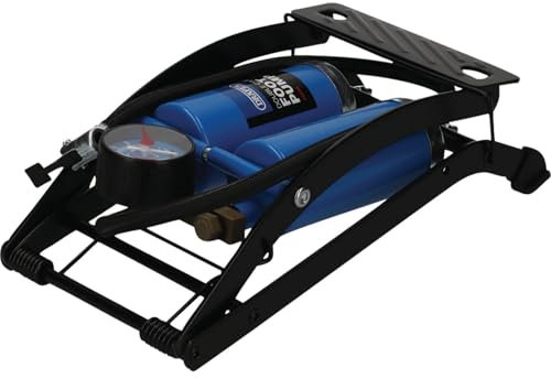 Draper Double-Cylinder Foot Pump | Pressure Gauge and Accessories | Portable Double Barrel Bike and Car Pump | Manual Inflator for Beds and Pools | 25996, Blue