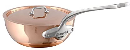 Mauviel M'Heritage 150S Sautepfanne aus poliertem Kupfer und Edelstahl, gebogen, mit Deckel und Griff aus Edelstahlguss, 2,1 qt, hergestellt in Frankreich