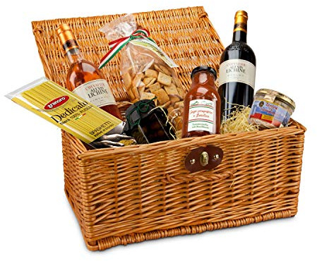 Römer Präsente Geschenkset Mediterrane Vielfalt: 8-teiliges Set; mediterraner Korb + Pizza Gebäck, Sugo, Pasta, Oliven, Terrine + 2 Flaschen Wein