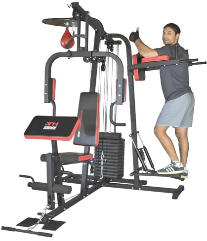 TrainHard® Kraftstation Multistation Fitnessstation Home Gym 65 kg Gewichten inkl. Dipstation Beinhebe, erweiterbar mit Sit Up Bank, Stepper, Push Up Bar, Boxsack mit Halterung, Speedball Plattform.