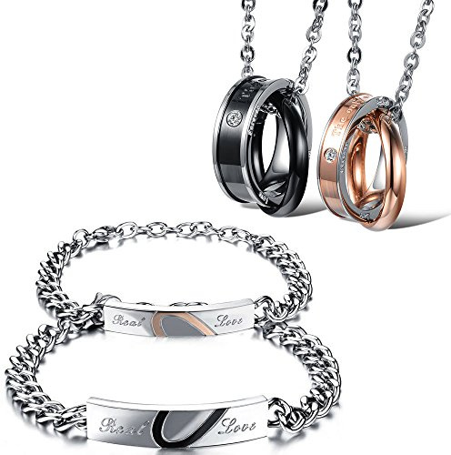 Kim Johanson Edelstahl Pärchen Schmuckset Armbänder & Ketten Joy für verliebte Roségold & Schwarz mit Cubic Zirkonia inkl. Schmuckbeutel