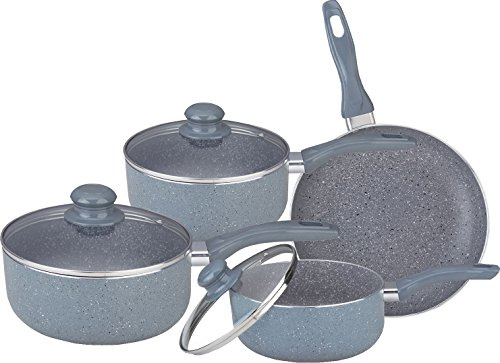 7 Piece Aluminium Non-Stick Cookware Set - Saucepan Frying Pan Pot Stainless Steel Non Stick Glass Ceramic New | Lid Pot Frypan Stockpots Home Kitchen Chef Cooker (7pc Marble Coated Grey)